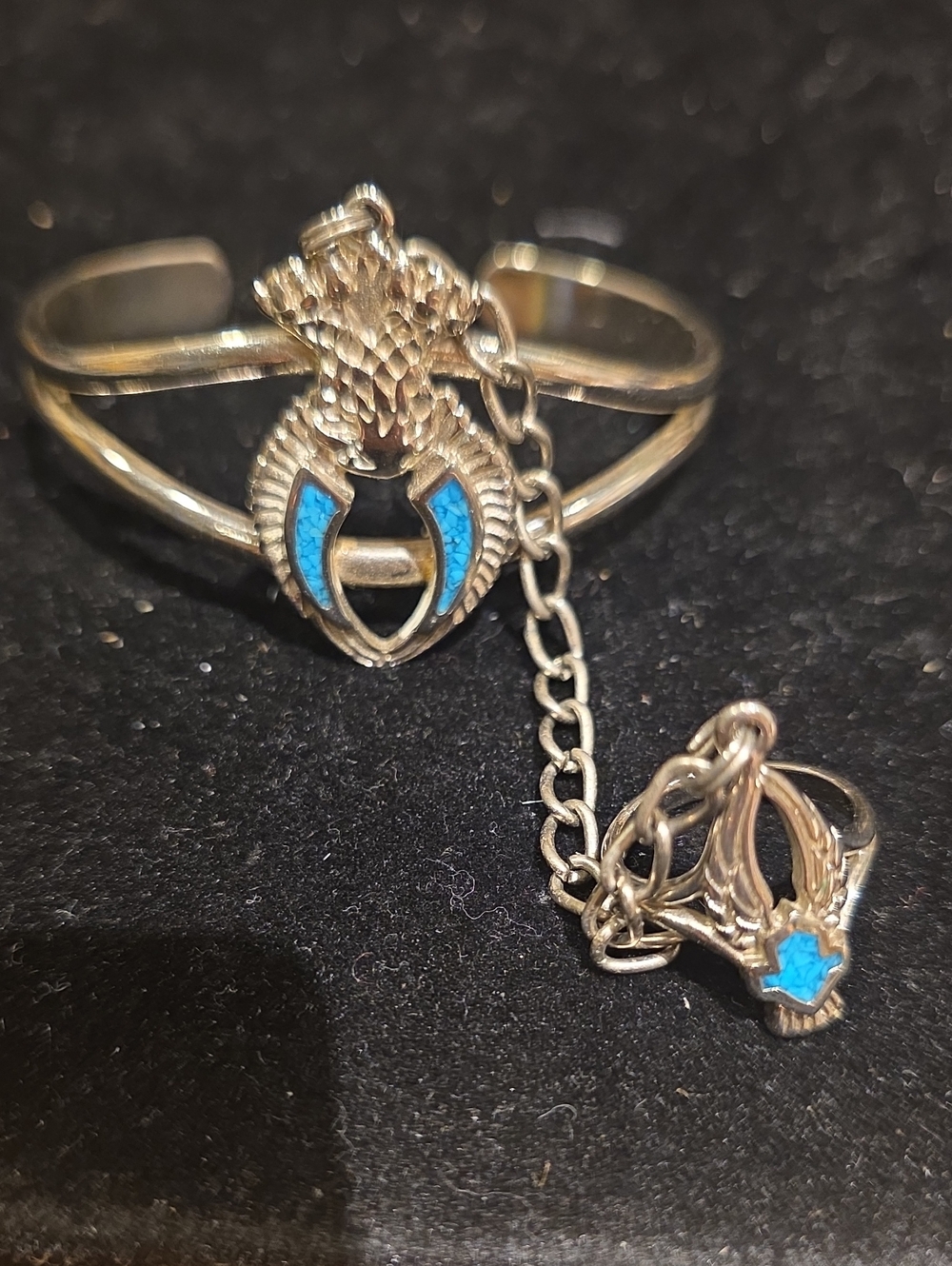 Vintage Silver Cuff Bracelet with Bright Blue Inlay and Safety Chain